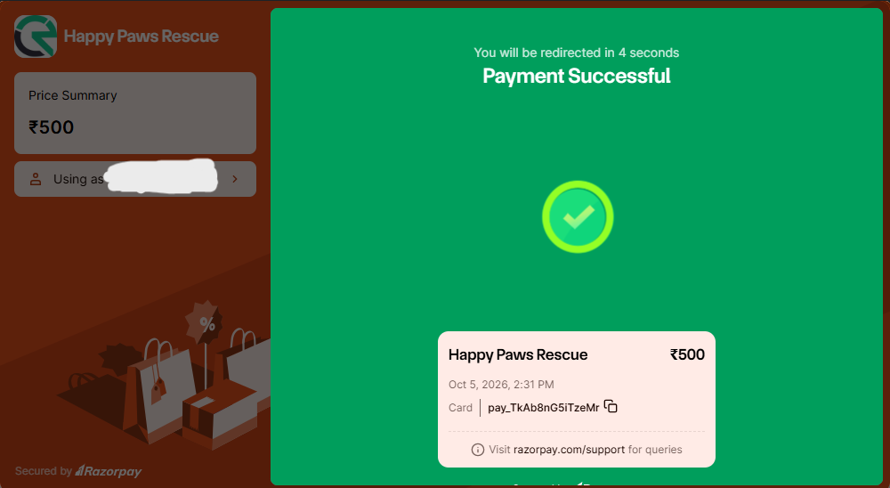 Razorpay's checkout showing Payment Successful, with the ₹500 amount and the payment ID