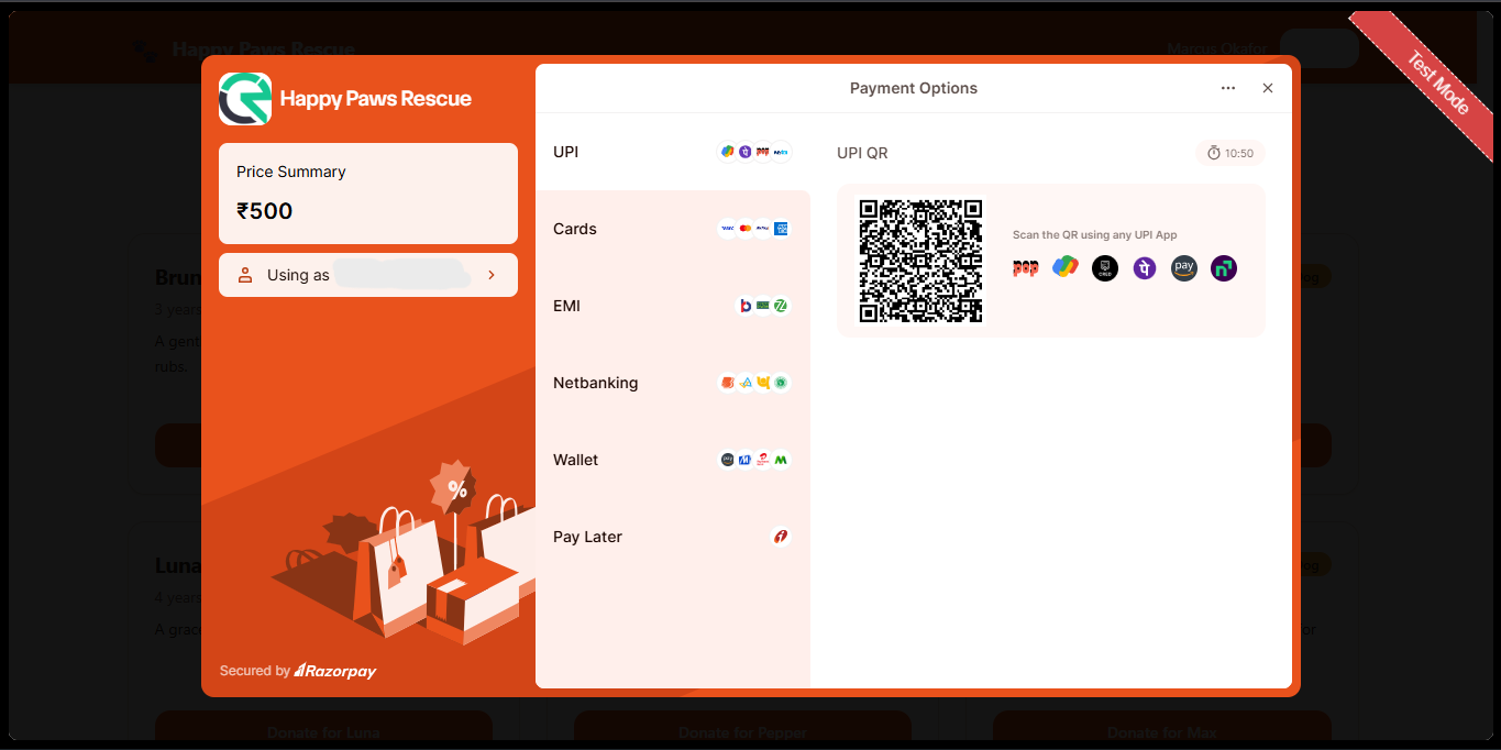 Razorpay's checkout window marked Test Mode, open over the donation app and showing a ₹500 price summary and the payment options