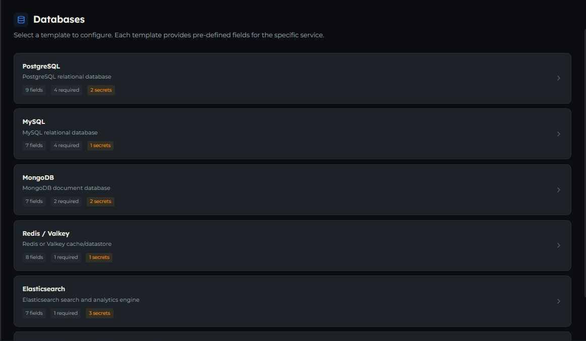 The template list for the Databases category