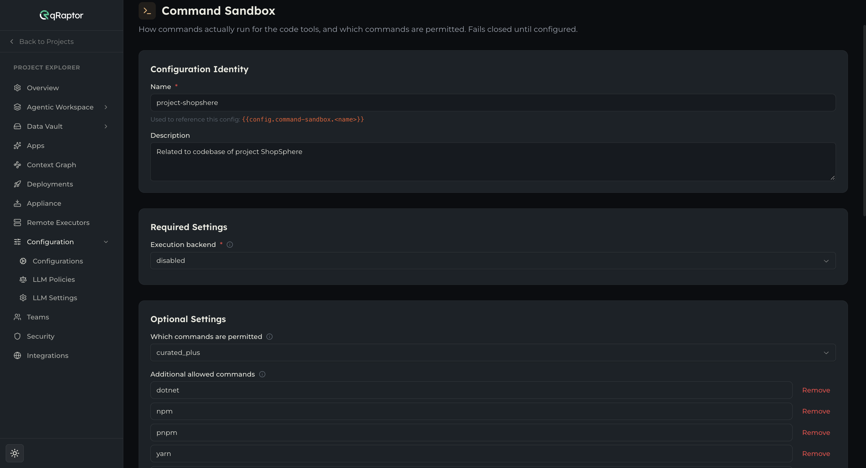 The Command Sandbox form at its defaults, with Execution backend reading Disabled