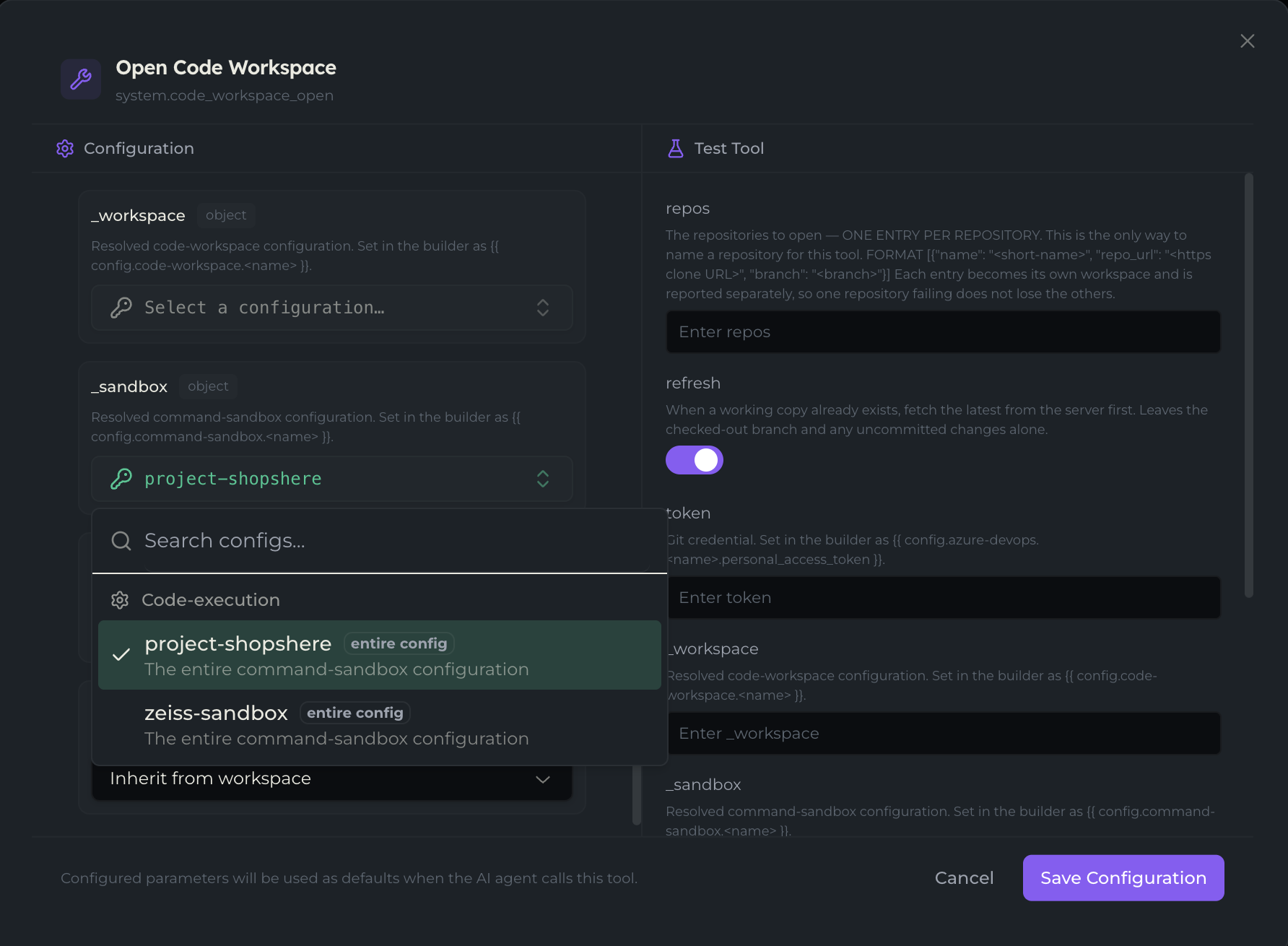 A code tool's sandbox setting with its configuration dropdown open, listing the sandbox configurations by name