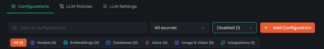 The Configurations toolbar showing search, source filter, status filter and category tabs