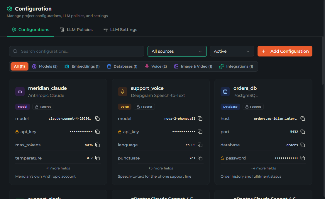 The Configurations tab showing configuration cards grouped by category