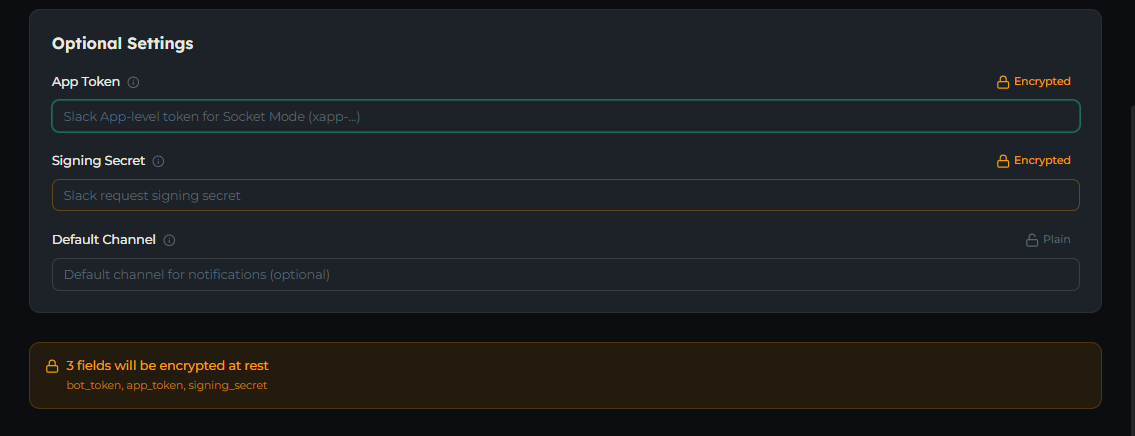 A configuration form field showing the Encrypted toggle and the summary of fields that will be encrypted