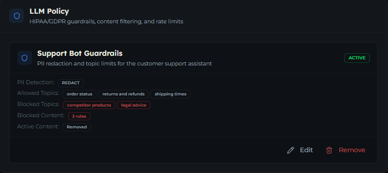 The LLM Policy section of an AI Agent's LLM Settings tab with a policy applied