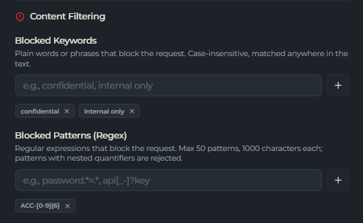 The Blocked Keywords and Blocked Patterns inputs in the policy wizard
