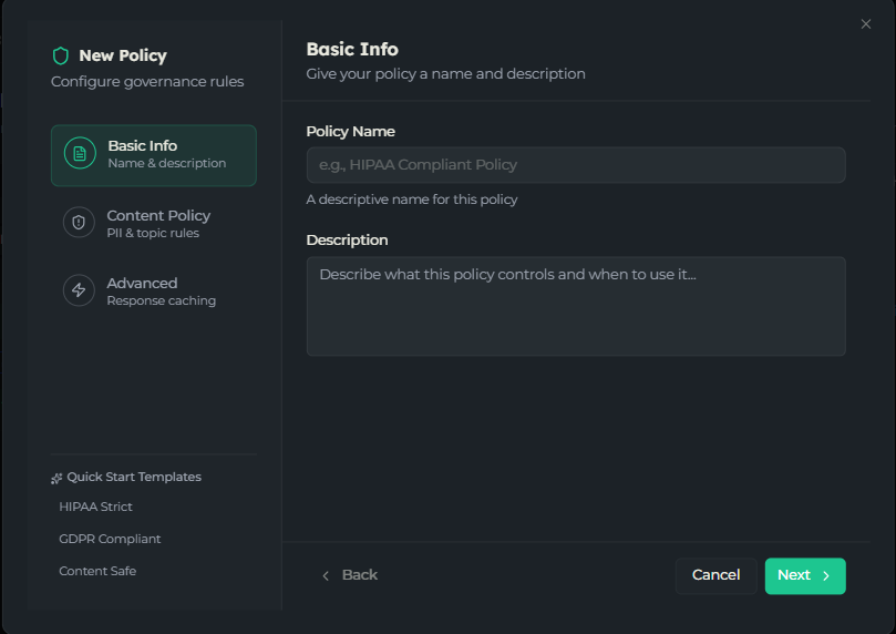 The policy wizard with the Quick Start Templates list in the sidebar