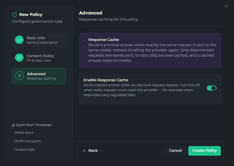 Step 3 of the policy wizard showing the Response Cache toggle