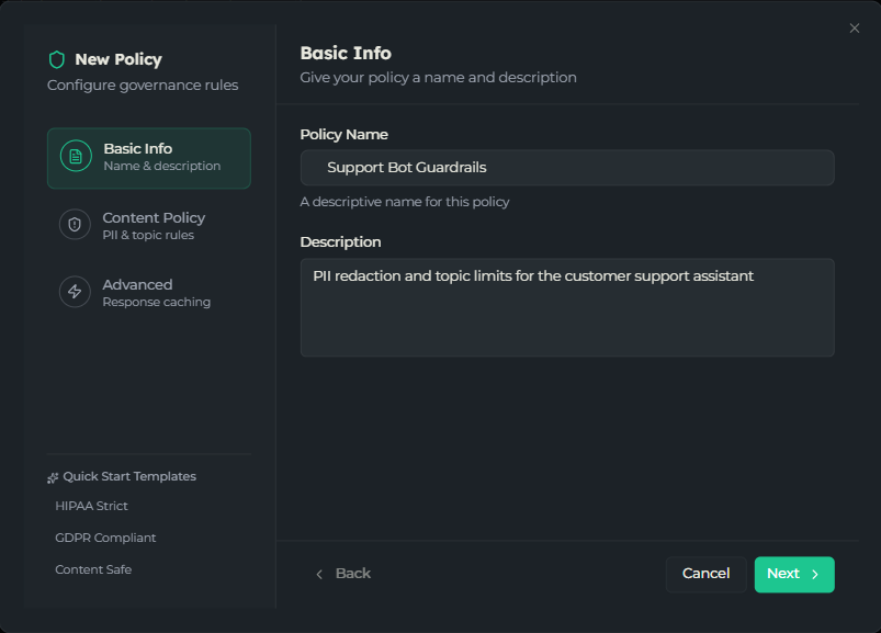 Step 1 of the policy wizard showing the name and description fields