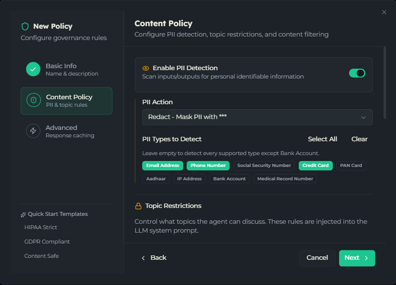 Step 2 of the policy wizard showing PII detection, topic restrictions and blocked content