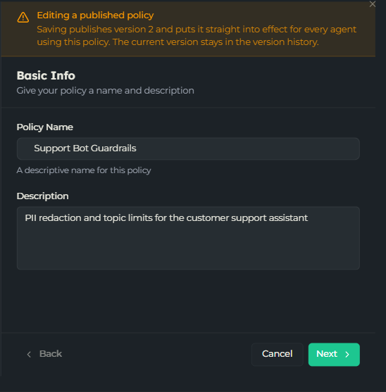 The policy wizard's warning banner when editing a published policy