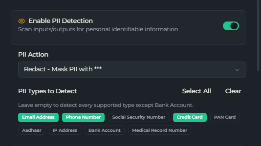 The PII detection section of the policy wizard showing the action selector and type chips