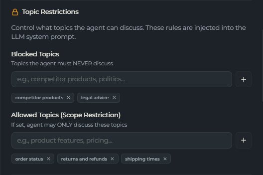 The Blocked Topics and Allowed Topics inputs in the policy wizard