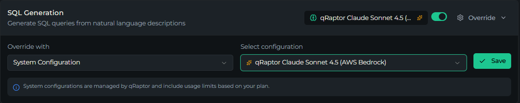 An expanded use case row showing the override source selector and configuration picker