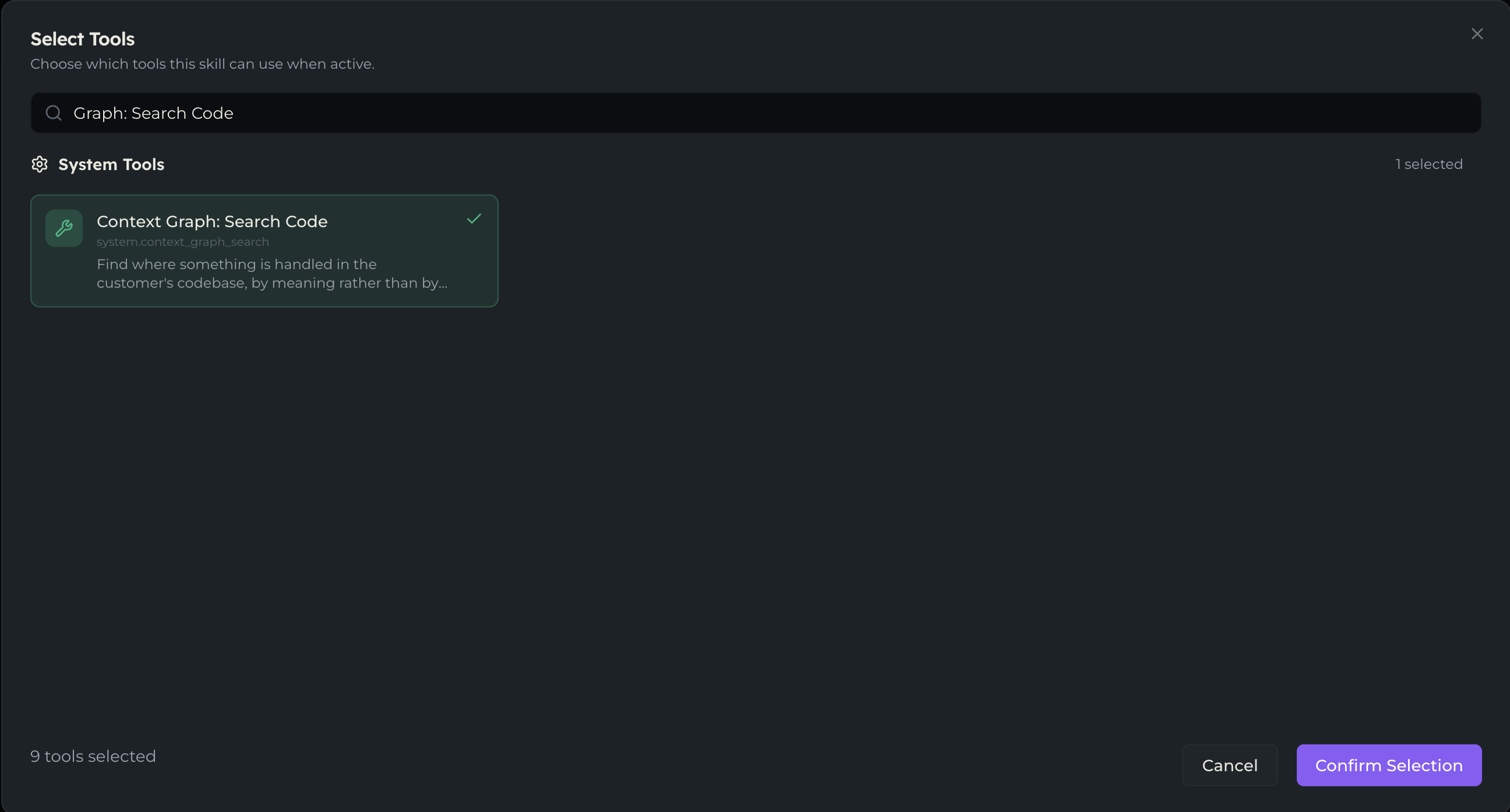 An agent's tool picker filtered to the Context Graph tools