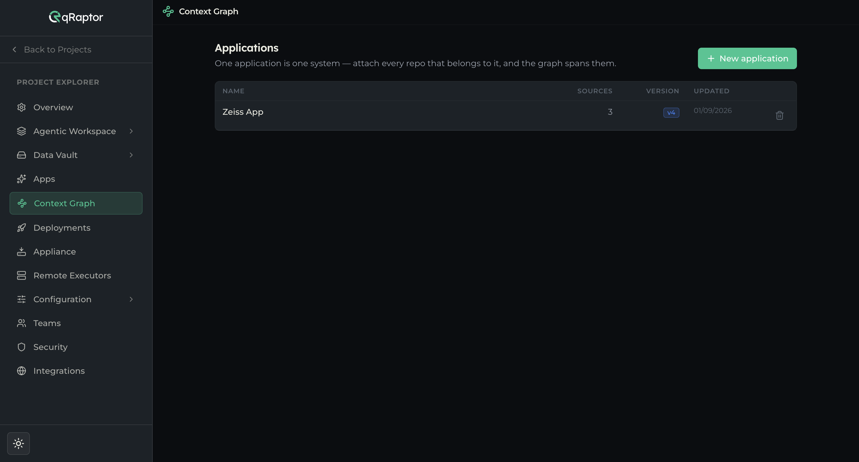The Applications table showing one ingested application and one not yet ingested