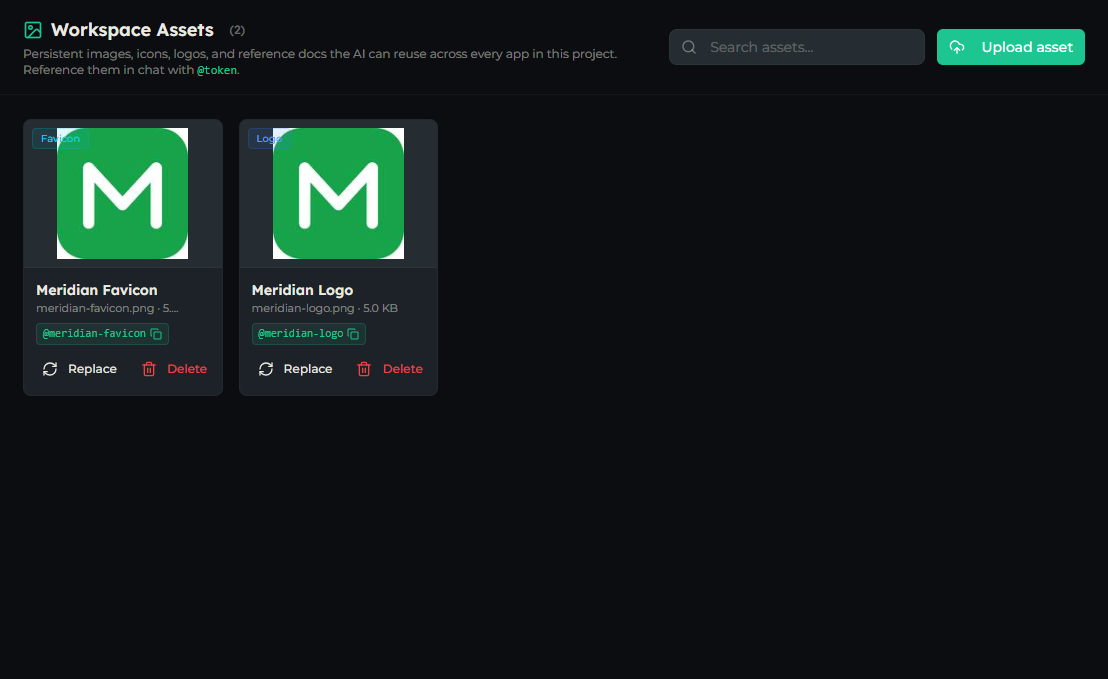 Workspace Assets grid showing uploaded assets with role badges and mention-token chips