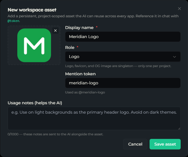 New workspace asset dialog with file drop, display name, role, mention token, and usage notes