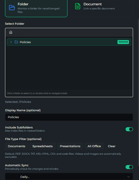 Link DMS Content dialog with folder/document choice, picker, and display name