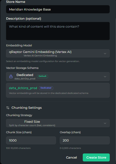 Create RAG Store dialog with store name, description, embedding model, vector schema, and chunking settings