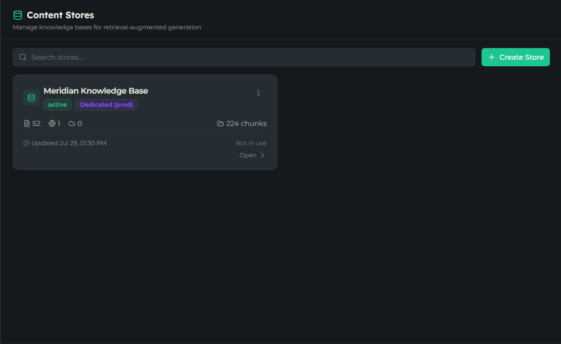 Content Store list with store cards showing status, document counts, and agent usage