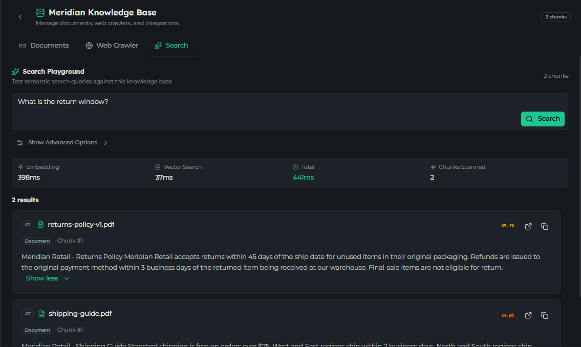 Search Playground with a query and ranked results showing similarity scores