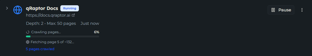 Web crawler running with live progress and a list of crawled pages