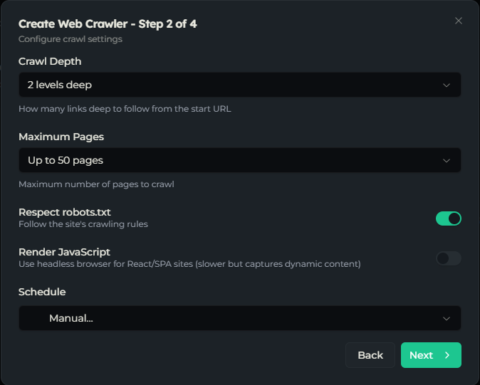 Web crawler wizard step 2 with crawl depth, maximum pages, robots.txt, and render JavaScript