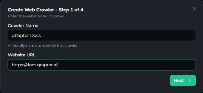 Web crawler wizard step 1 with crawler name and website URL
