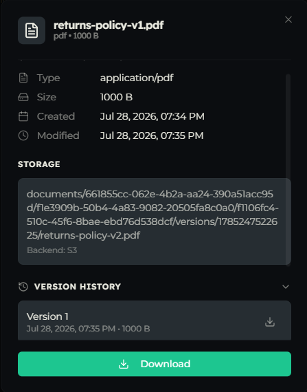 Document Info modal showing general information, storage, and version history