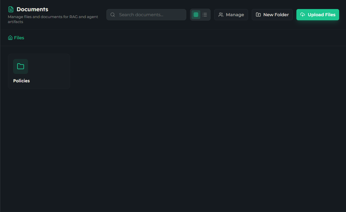 Documents screen showing folders and files in a grid with the upload and new-folder actions