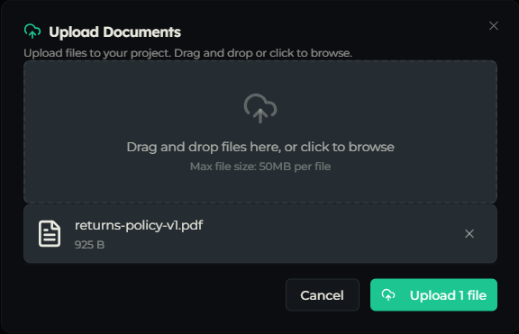 Upload Documents dialog with a drag-and-drop area and per-file upload progress