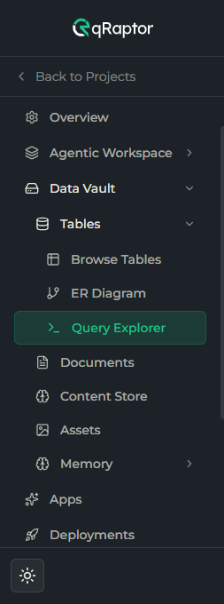 Data Vault group expanded in the project sidebar, showing Tables, Documents, Content Store, and Assets
