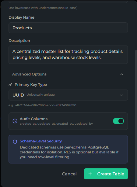 Create Table advanced options showing primary key type and audit columns toggle