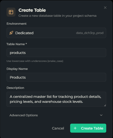 Create Table dialog with table name, display name, and description fields