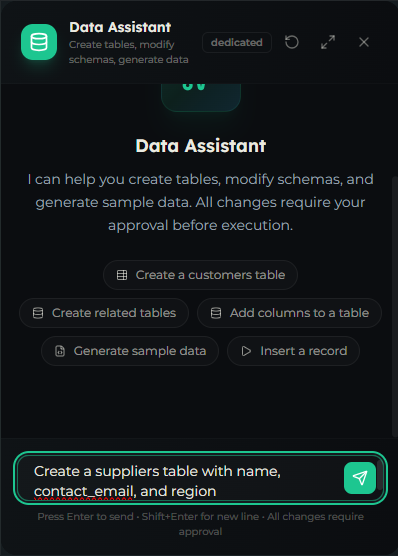 Data Assistant chat panel open beside the table list with suggestion chips