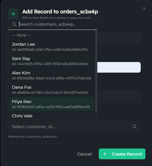 Add Record dialog with a field per column and a foreign-key lookup