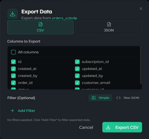 Export Data dialog with format choice and column selection