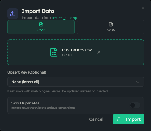 Import Data dialog with CSV and JSON format options and a file drop area