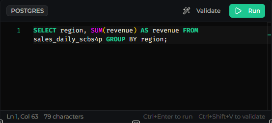 Query Explorer with the SQL editor, results panel, and the validation/params/plan side panel