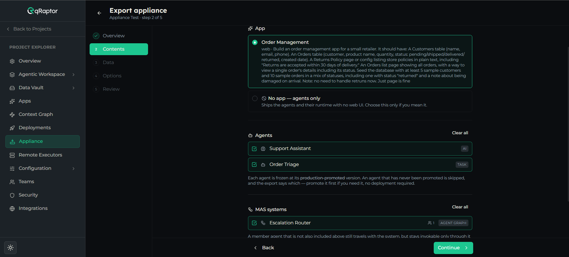 The export wizard's Contents step, with agents, multi-agent systems and knowledge bases listed as checkboxes to include