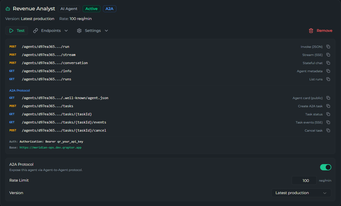 Expanded endpoints panel for an agent listing its URLs with copy buttons