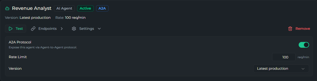 Inline agent settings showing version strategy (latest vs pinned), rate limit, and the A2A toggle