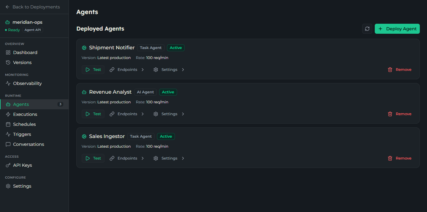 Agents tab listing a Task Agent and an AI Agent in a deployment, each with type, status, version, and rate limit