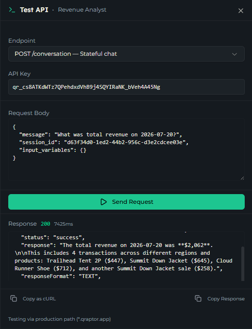Test console for the Revenue Analyst AI Agent showing a question and the streamed answer