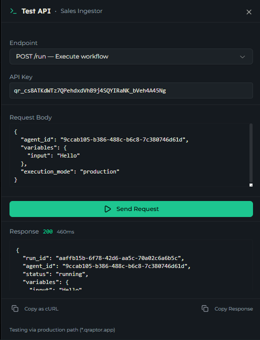 Test console for the Sales Ingestor Task Agent showing the run triggered and returning a run id