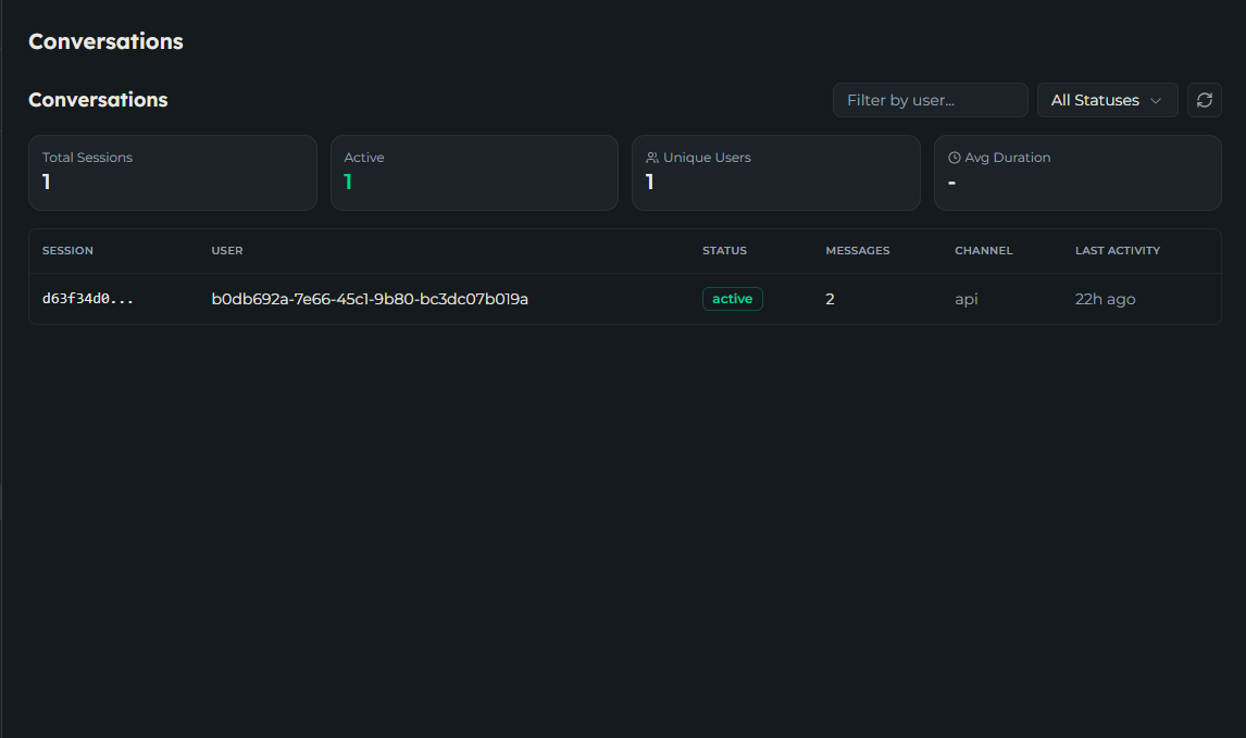 Conversations tab with session stats, a session list, and a transcript viewer