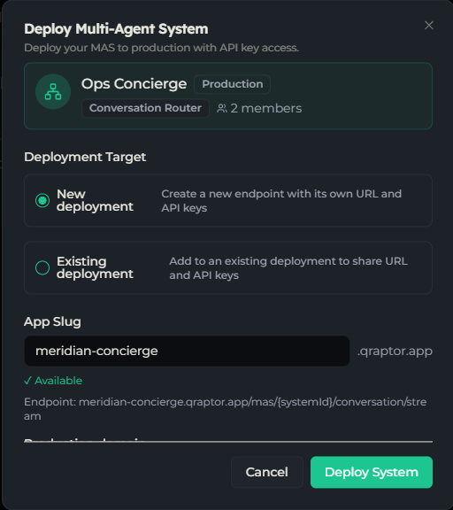 Deploy MAS dialog showing a system with its pattern type, member count, deployment target, and API key options