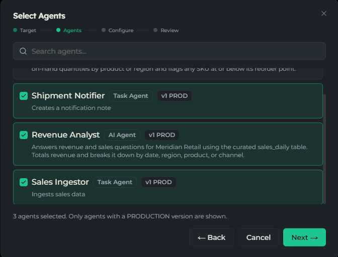 Deploy wizard Agents step: selecting the agents to include, each showing its type and production version