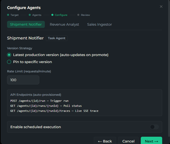 Deploy wizard Configure step: per-agent version strategy and rate limit